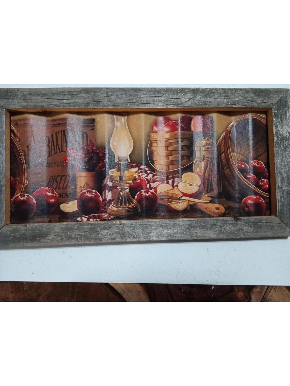 Rustic Vintage Style Wall Art with Apple Basket and Oil Lamp Scene 22X11"